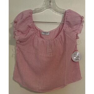 So Cute Pink XL White Stripe Off Shoulder Puff Sleeve Button Front Top